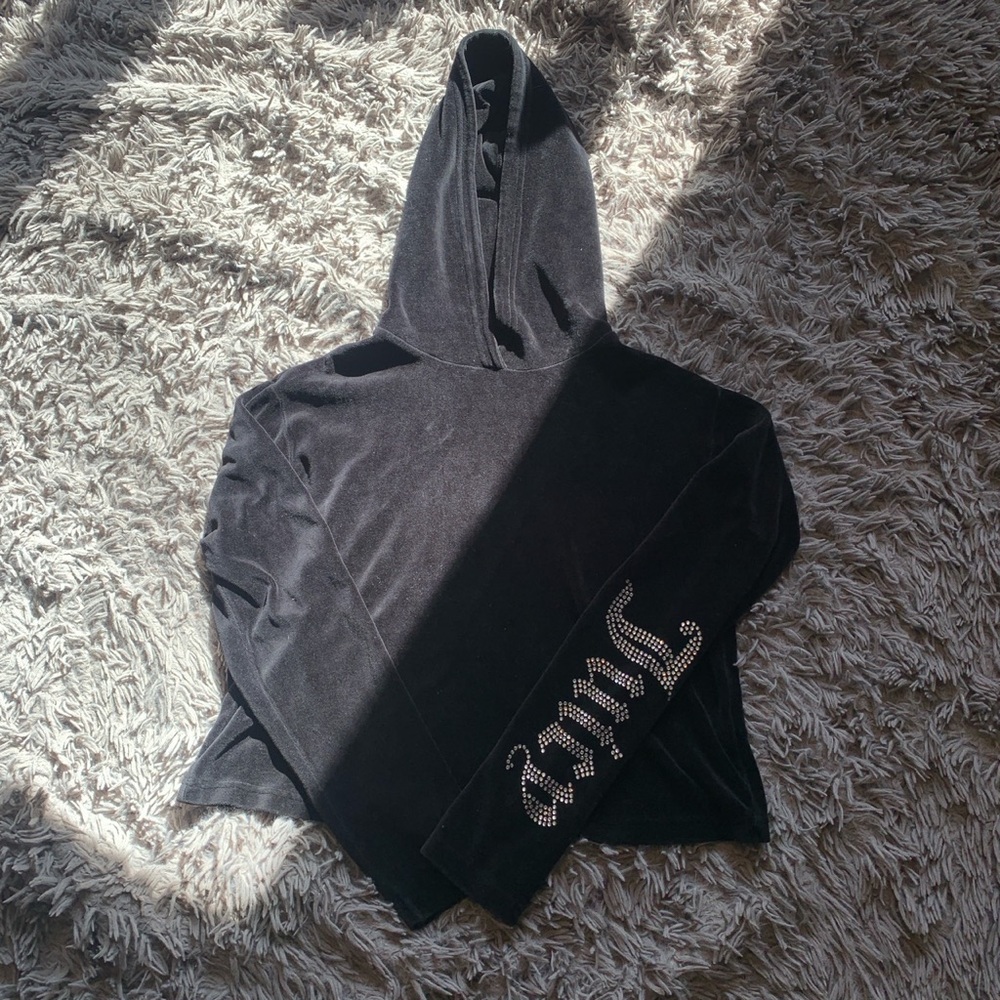 Juicy couture black label black velour rhinestone embellished hoodie sz S